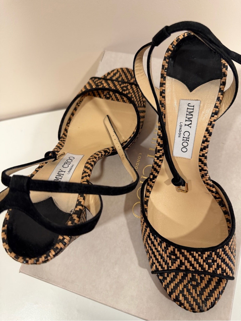 Jimmy Choo Black and Tan Woven Ankle-Strap Heels